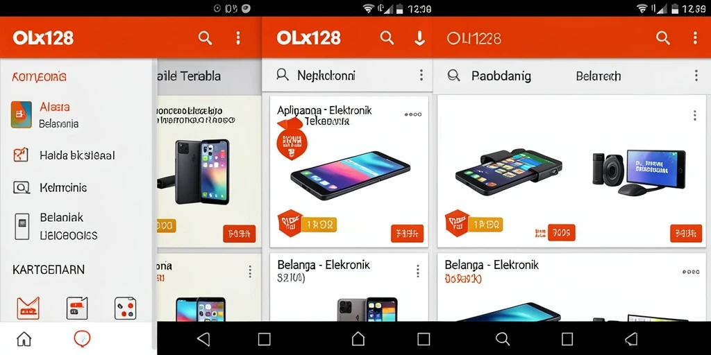 Screenshot OLX128 menampilkan antarmuka aplikasi dan fitur belanja elektronik.
